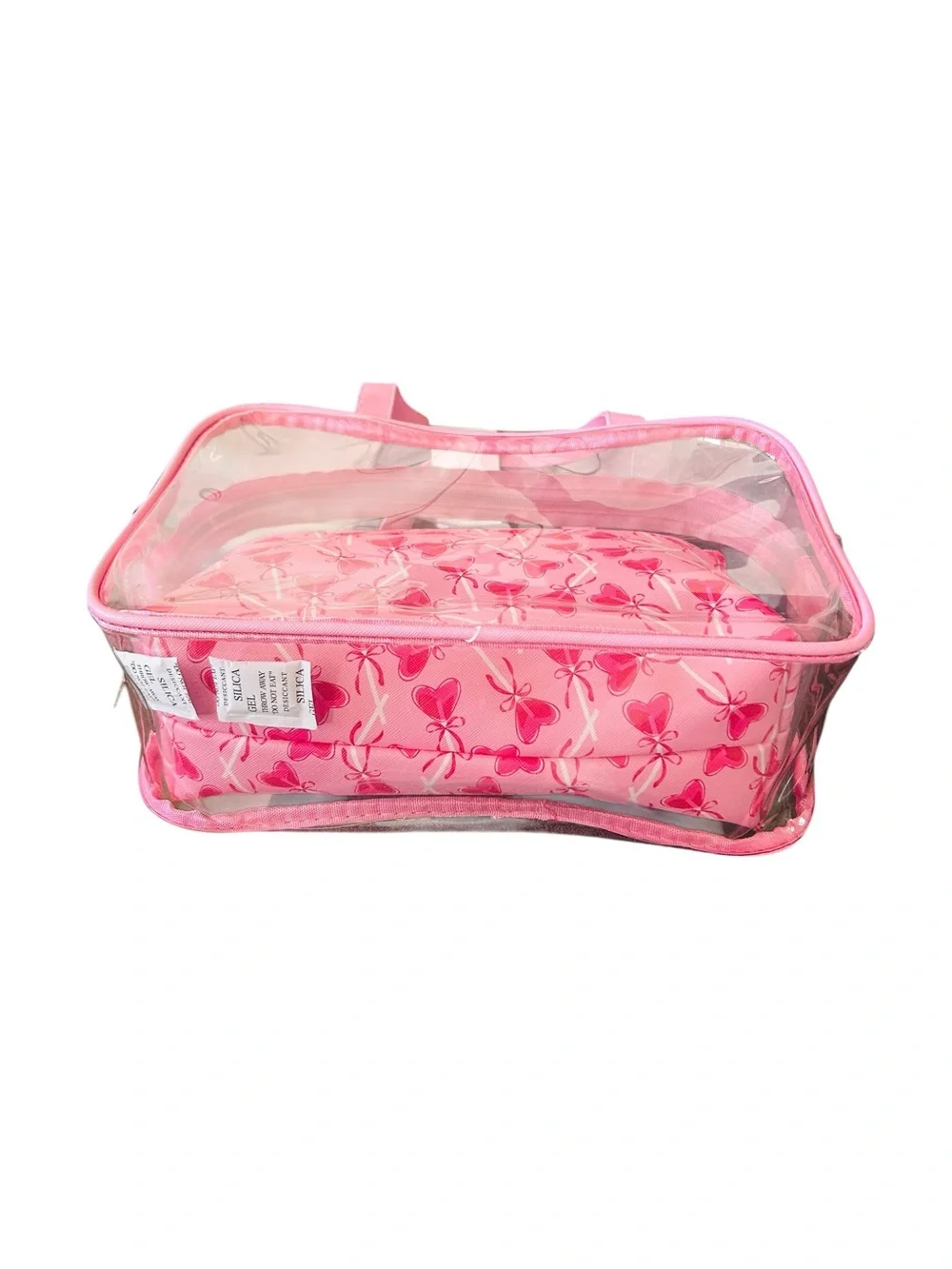 Blush Crush  Pink Clear Cosmetic Tote with Heart-Print Inner Pouch New